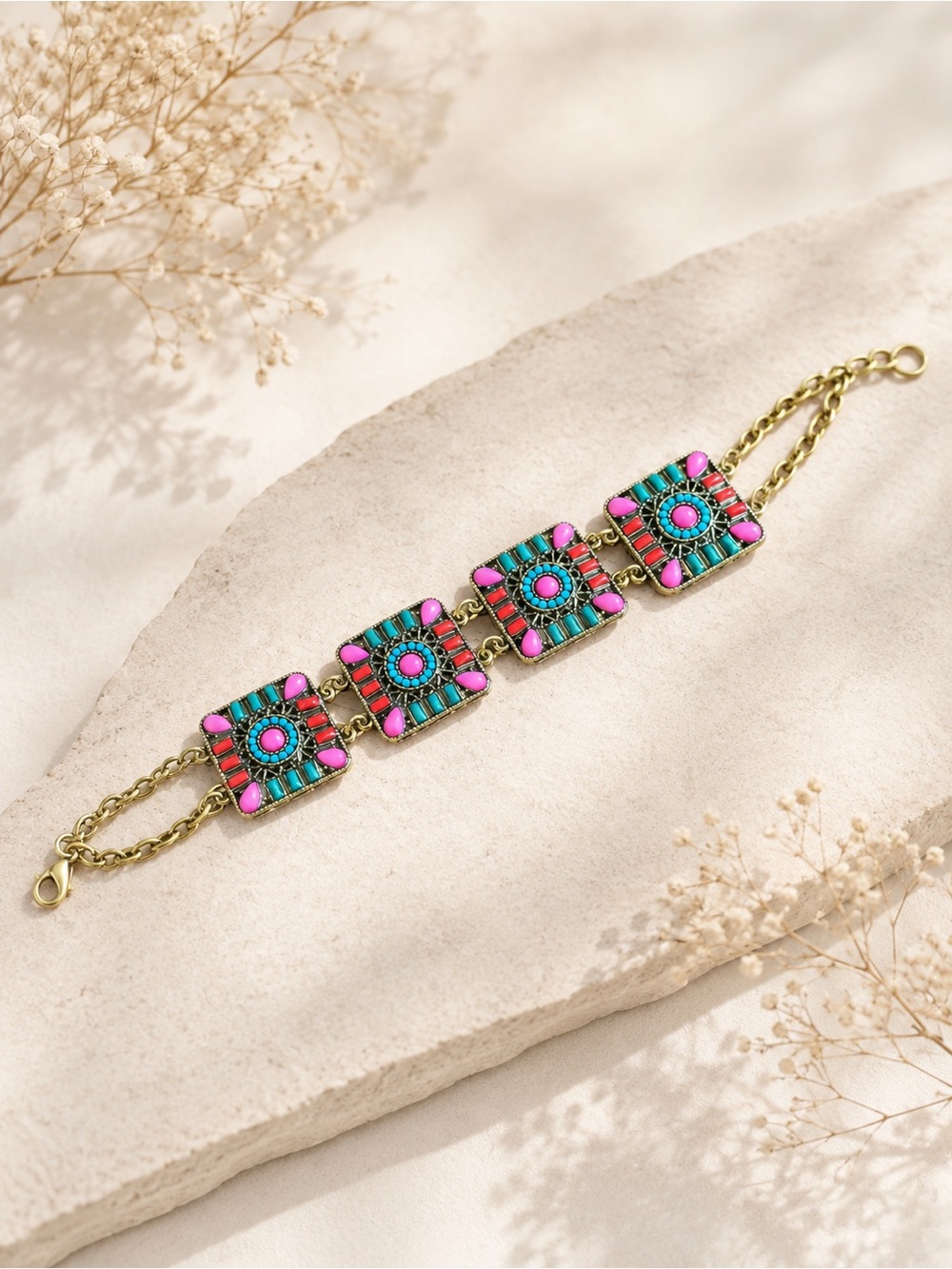 Gold-Tone Boho Tile Bracelet with Pink and Turquoise Accents